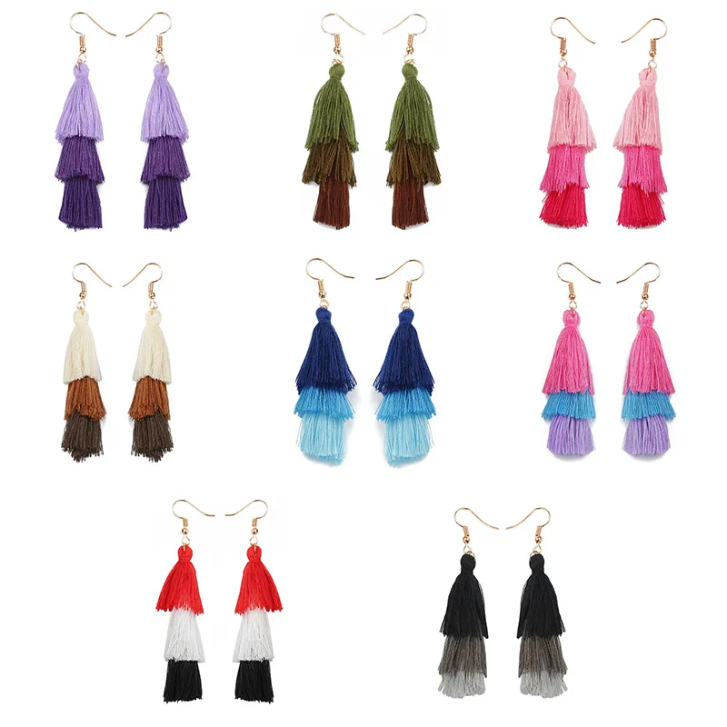 Длинные трехслойные серьги подвески из шелка с кристаллами 8 цветов черные