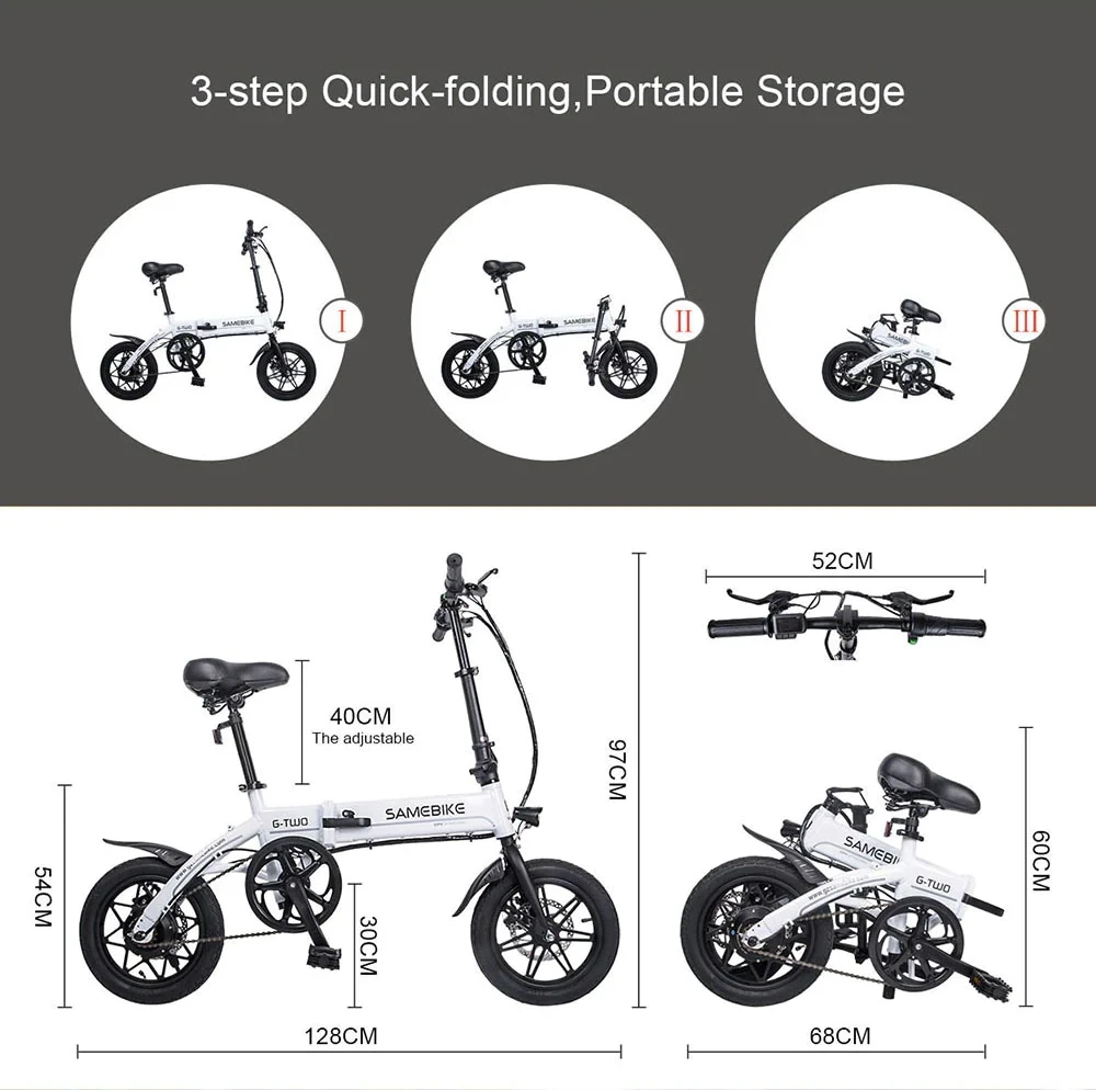 

(US)Samebike Electric Folding Bicycle Moped White Electric Bike E-bike 36V 8AH Lithium Battery For Adult YINYU14 250W Motor