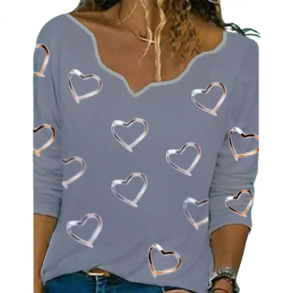 

Spring blouse women elegant fashion Irregular V Neck Gold Stamping Heart Shape Print Long Sleeve T-shirt Pullover Top for Work
