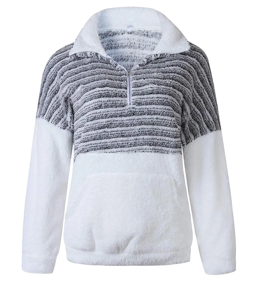 Striped Black Осень зима женские 1/4 на молнии шерпа вязать Мягкий теплый флисовый пуловер цветной блок Пушистый свитер верхняя одежда кенгуру карманы - Цвет: Striped Black