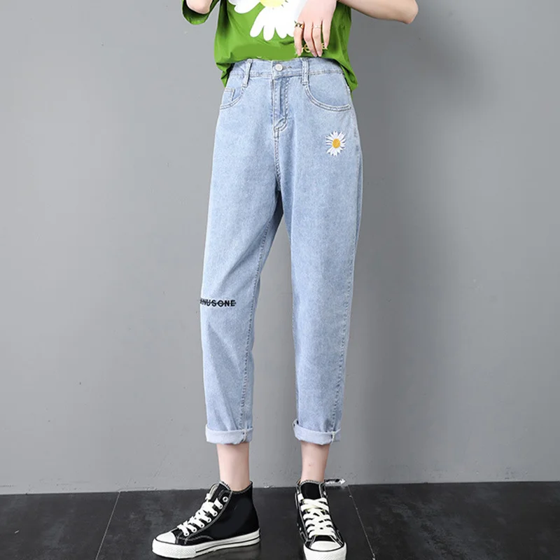 

Daisy Embroidery Denim Jean Women High Waist Jeans Plus Size Denim Harem Trousers Vintage Casual Jeans Straight Women Pant