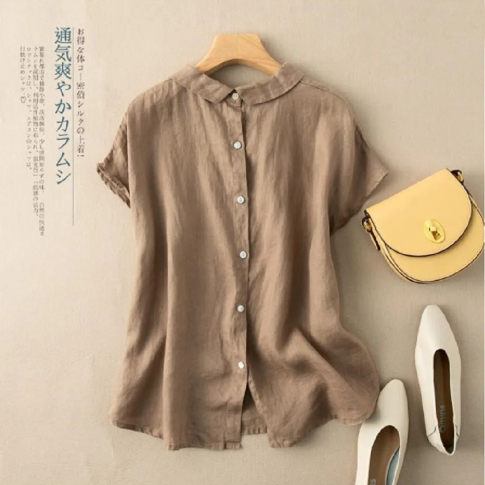

Women Summer Blouse Short Sleeve Female Tops Japan Style Lapel Cotton Linen Shirt Cotton Linen Blouse Literary Retro Blouse
