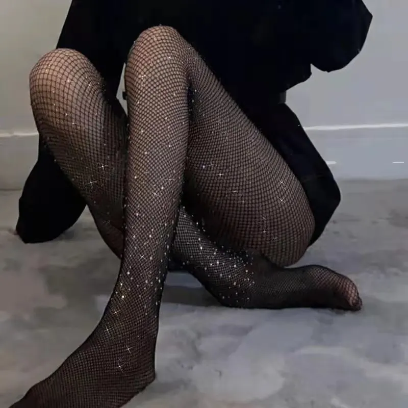 

Sexy Cutout Fishnet Hot Rhinestone Biu Flash Nightclub Princess Disco Jumping All-Match Black Small Net Thin Pantyhose
