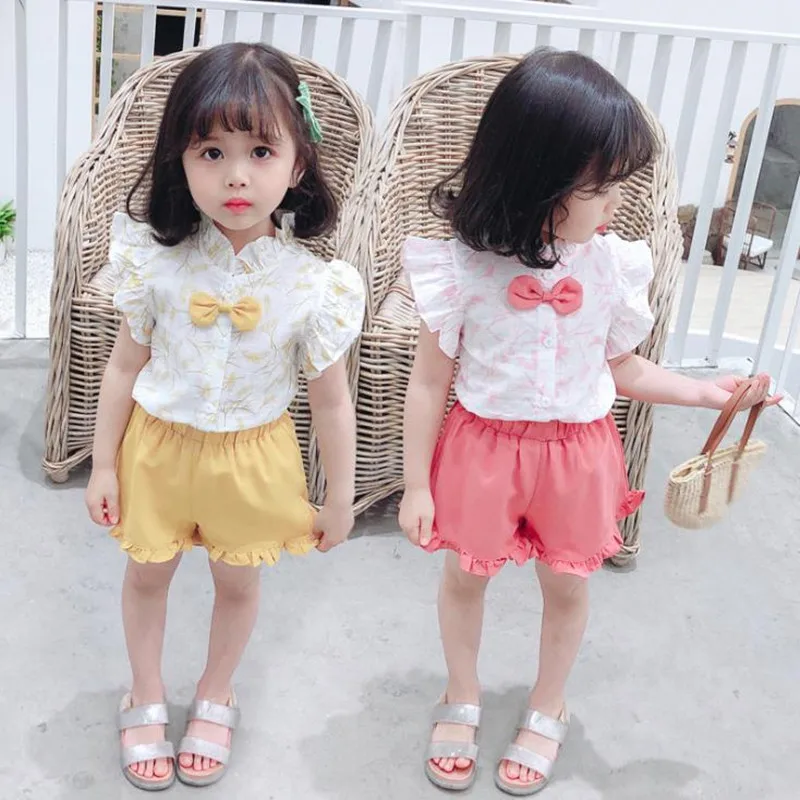 

DFXD Summer Children Clothing Sets Two Piece New Arrival Outfit Wood Ear Short Sleeve Blouse T-shirt Shorts Pants Kids Sets 2-7T
