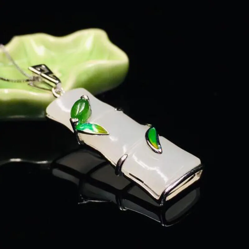 925 пробы серебряный белый зеленый Хотан нефрит инкрустация милый бамбуковый