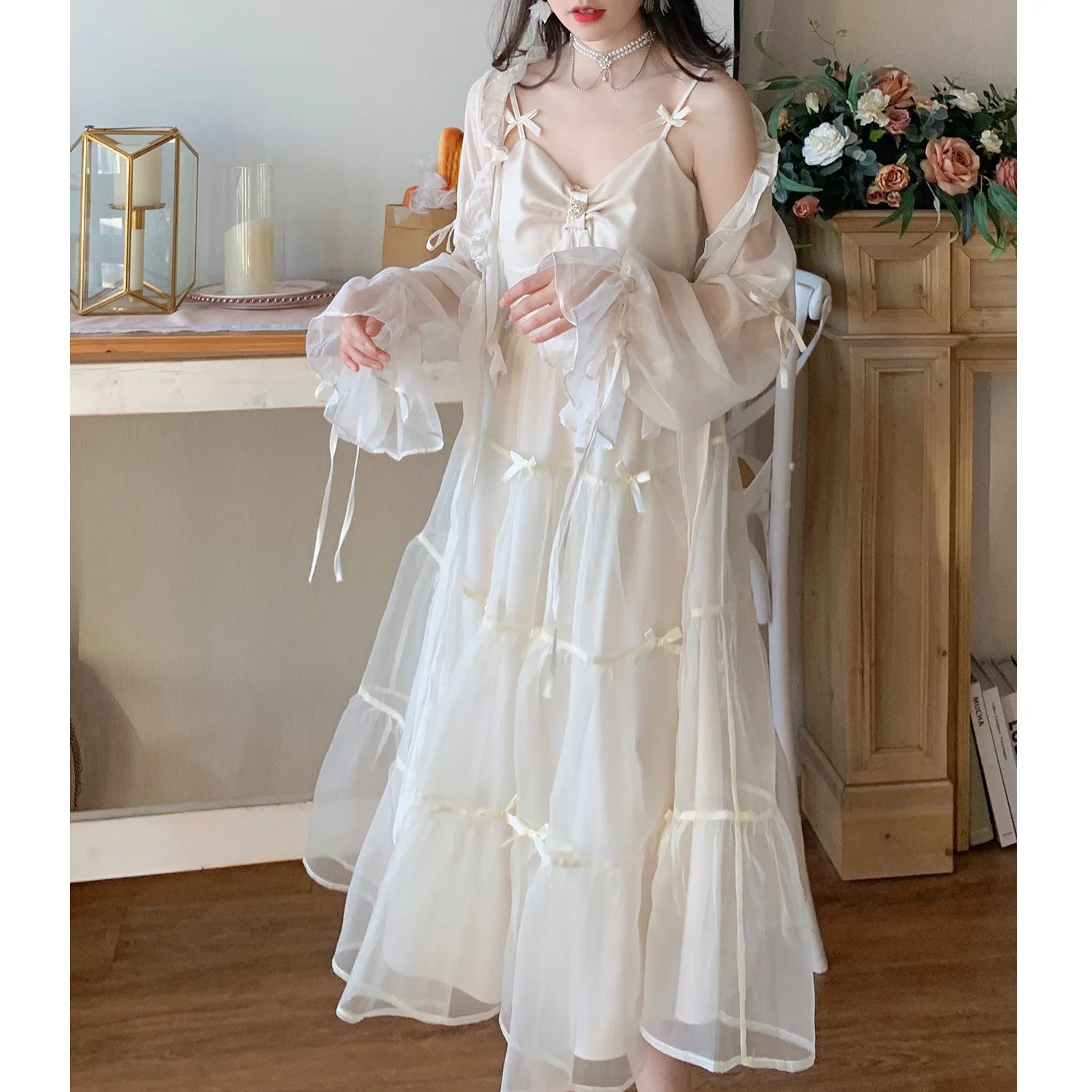 

Fairy Dress Set New Bell Sleeve Sun Shirt Cardigan Top+Puffy High Waist Mesh Camisole Dress Two-Piece Set for Women Fresh Gilrs