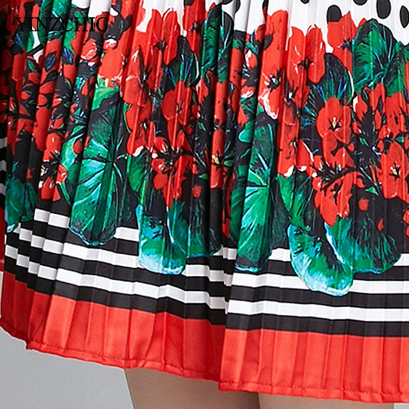 

Dresses New Floral Spring Down Woman Female Ladies Elegant Midi Length Dress Dots Flowers Printed Female Pleated Dress
