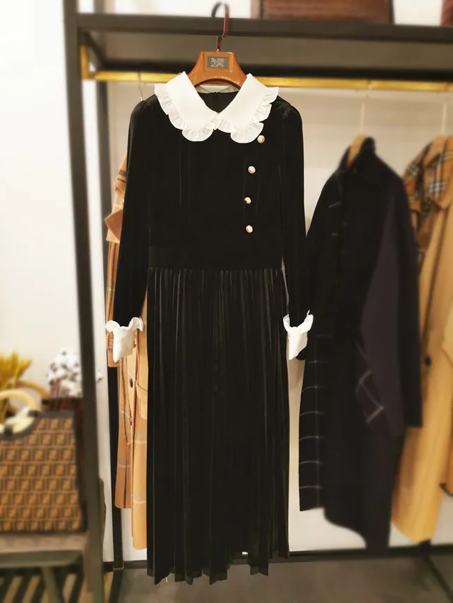 

Women Velvet Dress High Quality Female Ladies Pleated Dress Spring Autumn Female New Arrival
