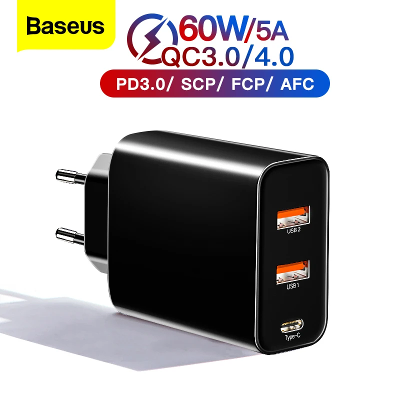 Baseus 60w USB Charger Quick Charge 4.0 QC3.0 PD Fast For iPhone 12 Pro Samsung Xiaomi Huawei C Mobile Phone | Мобильные телефоны и