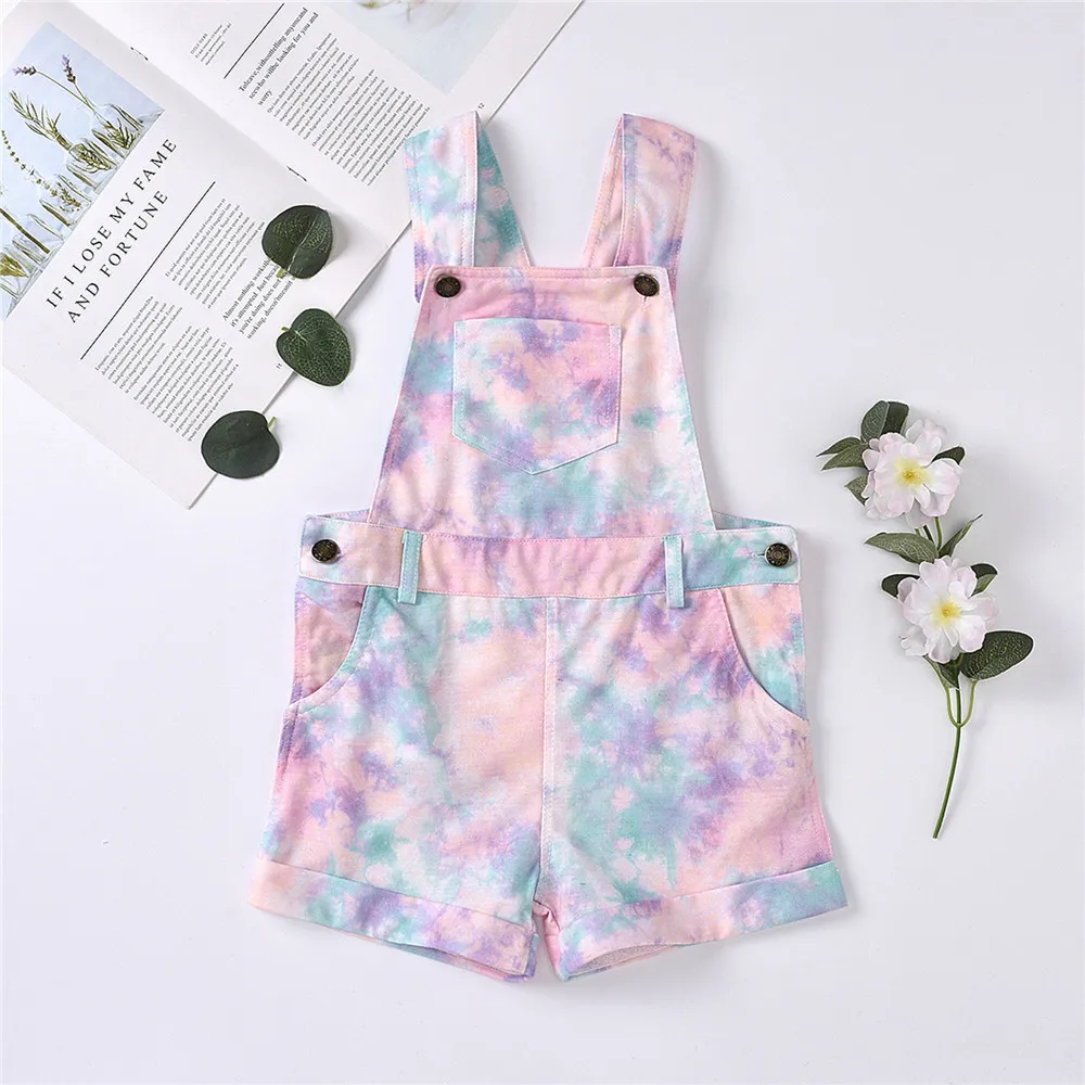 

1-6T Toddler Baby Girl Suspender Pants Kids Colourful Tie-Dye Printed Sleeveless Overalls With Pocket Casual Clothing
