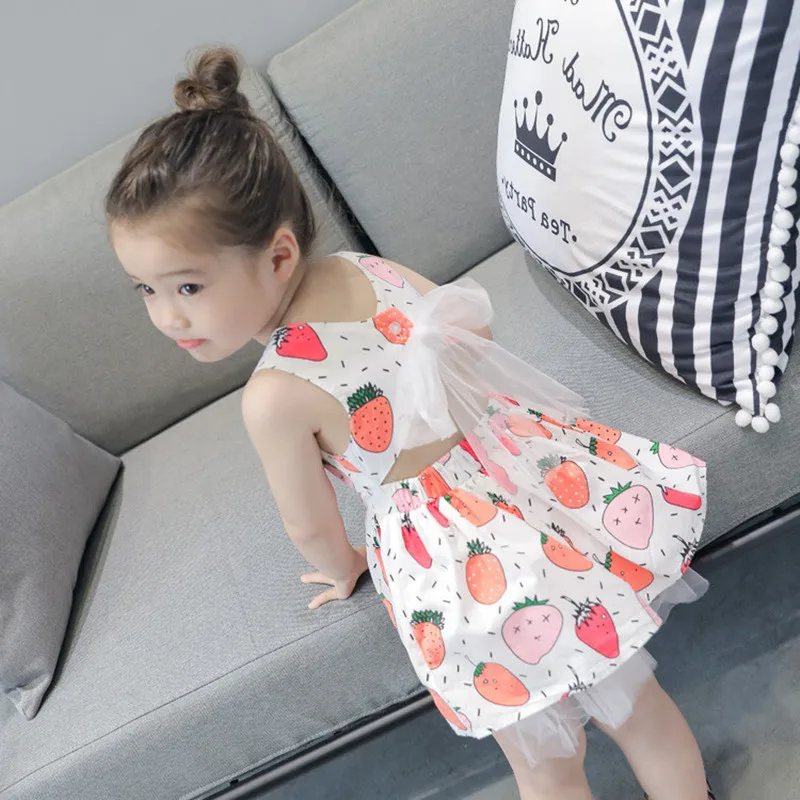 Summer girls dress baby backless kids princess Children designer vestidos strawberry lemon print mesh bow 2 to 7 yrs | Детская одежда и