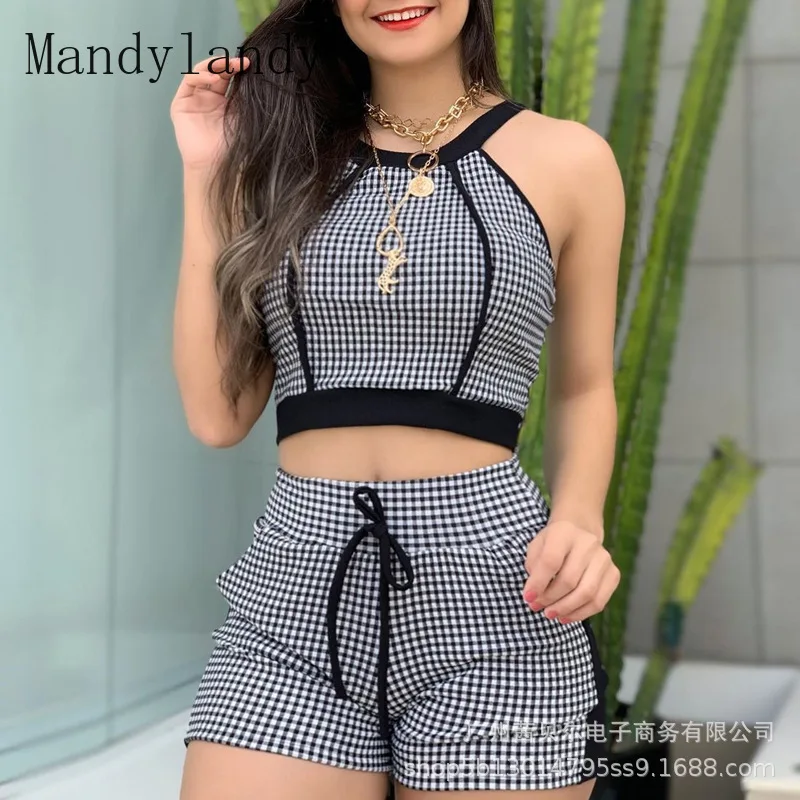 

Mandylandy Women's Plaid Printed Slim Suit Spring Lace-up Straight Shorts + Sleeveless Spaghetti Strap O-neck Short Top Suit