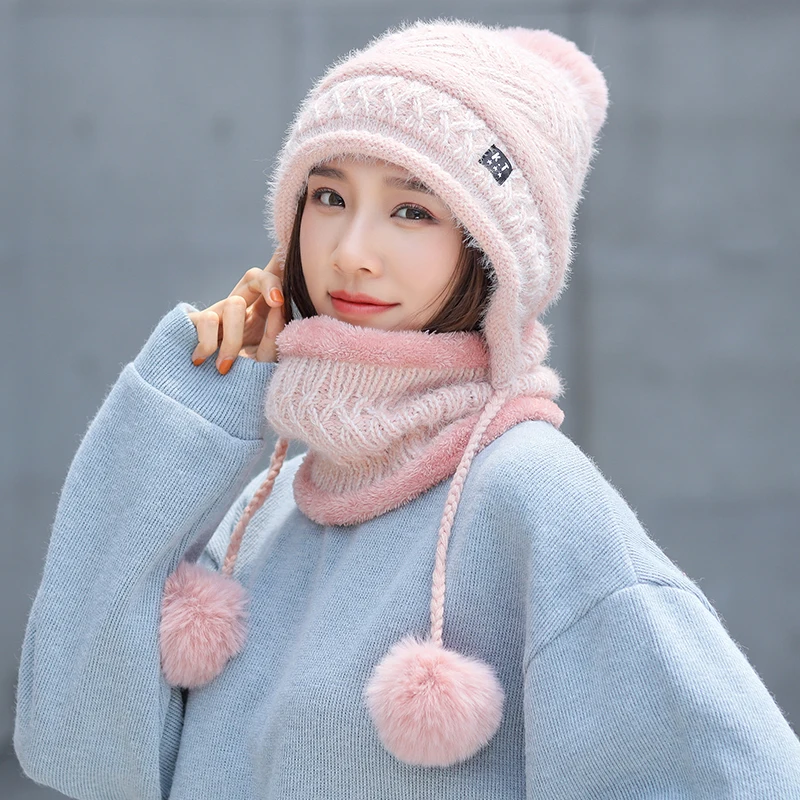 Pink Зимняя женская разноцветная вязаная шапка, шарф, комплект из 2 предметов с теплой шерстяной подкладкой, шапки-бини с 3 шариками, вязаная шапка с помпоном, шапка для женщин - Цвет: Pink