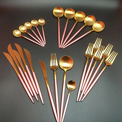 24pcs Горячая Распродажа, 4 шт./24 шт., 304 нержавеющая сталь, золотые столовые приборы, вилка, ложка, нож, столовые приборы, столовые приборы, Корейская ложка, кухонная посуда, набор - Цвет: 24pcs