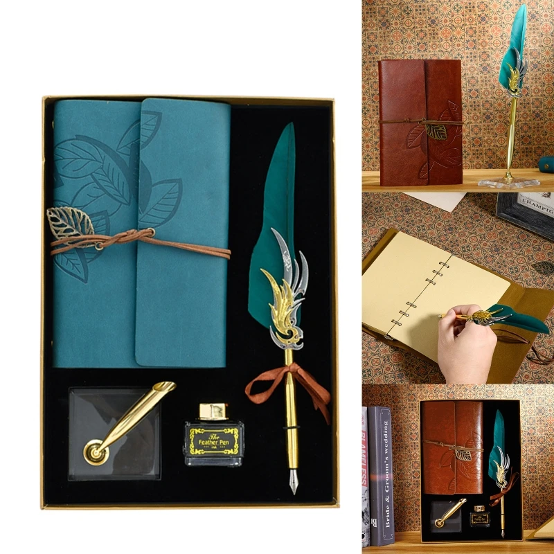 

Retro Calligraphy Feather Dip Fountain Pen Writing Ink Notebook Set Base Stationery Gift Box Office School Supplies