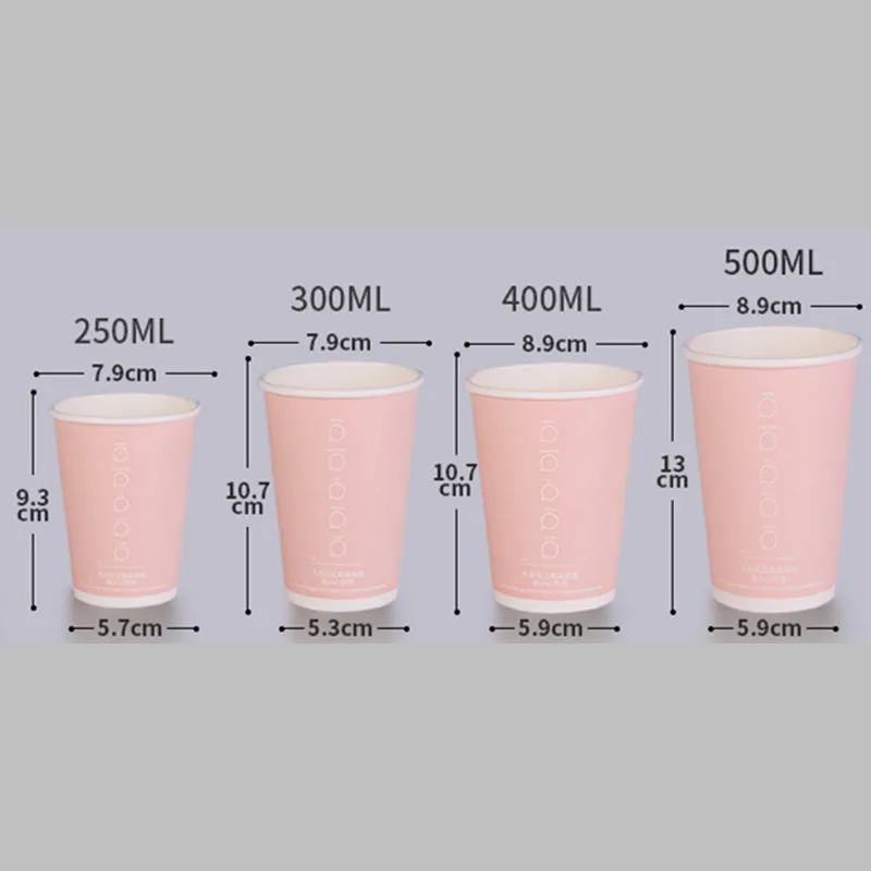 

50pcs 500ml disposable coffee cup cold and hot drink takeaway packaging cups party favor pink thick paper cup with lids