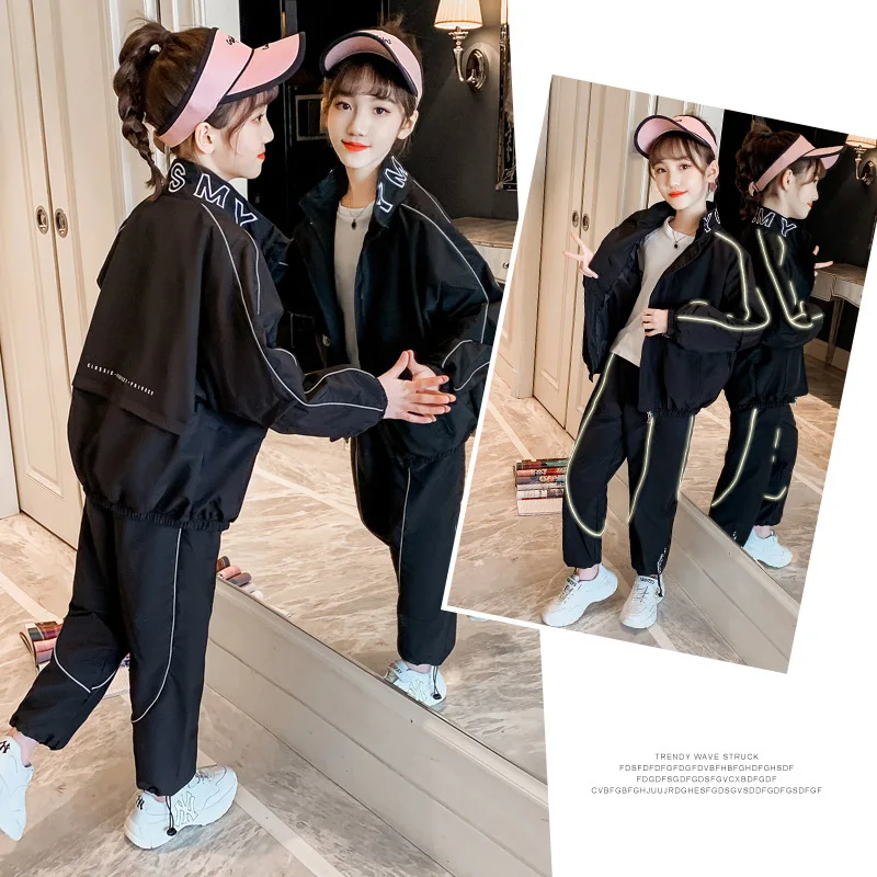 

Спортивный костюм для девочек 8 10 12 13 14 лет, Повседневная Свободная куртка из двух предметов, штаны-карго, наряд для девочек-подростков, на ве...