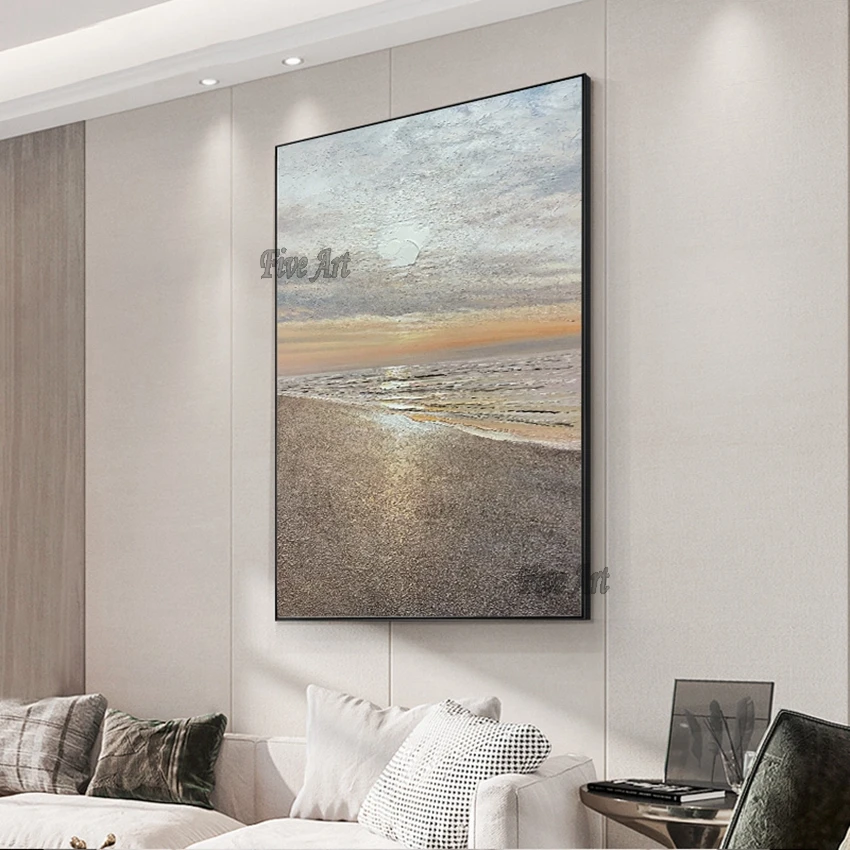 Новая абстрактная текстурированная Акриловая картина с морским закатом пейзаж