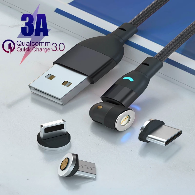 

3A Magnetic Micro USB Type C Fast Charging Cable 540 Degrees Rotate LED Mobile Phone For iPhone 12 Pro Max Xiaomi 11 Samsung S20