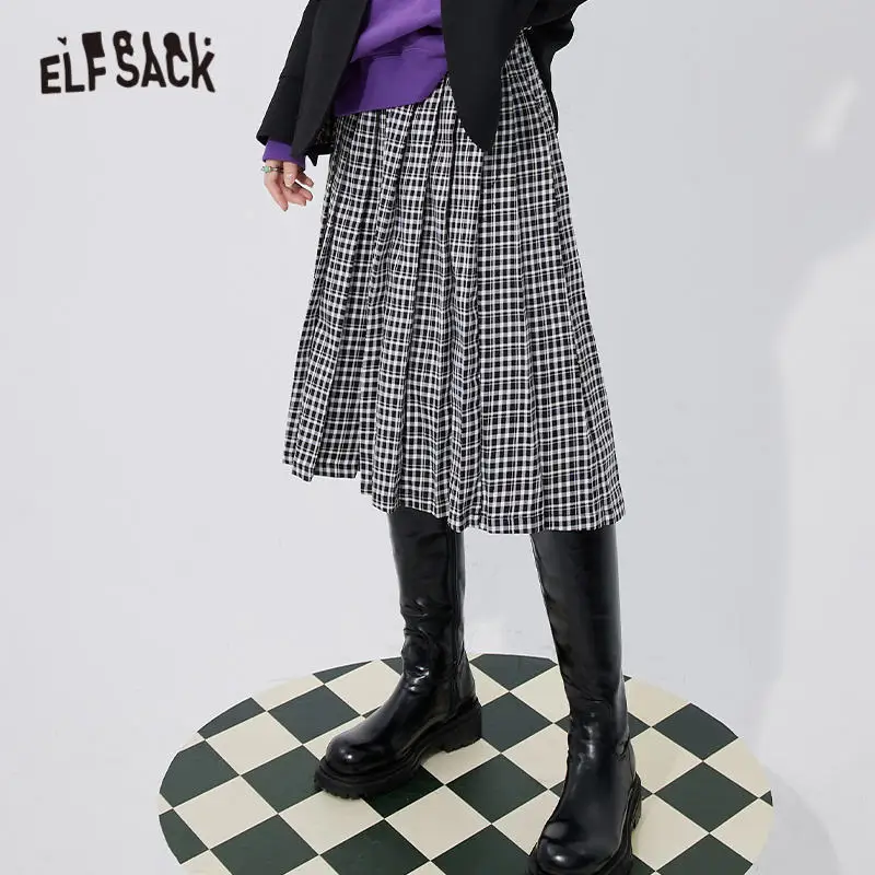 ELFSACK Plaid Colorblock High Waist Casual Women Midi Skirts,2021 Autumn ELF Vintage,Korean Ladies Daily Preppy Bottom