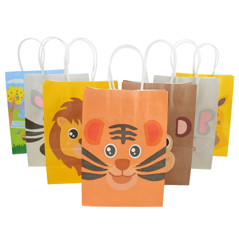

5pcs Wild Animal Theme Party Portable Bags Cute Cartoon Tiger Lion Kraft Paper Bag Gift Candy Cookie Wrapping Baby Shower Decor