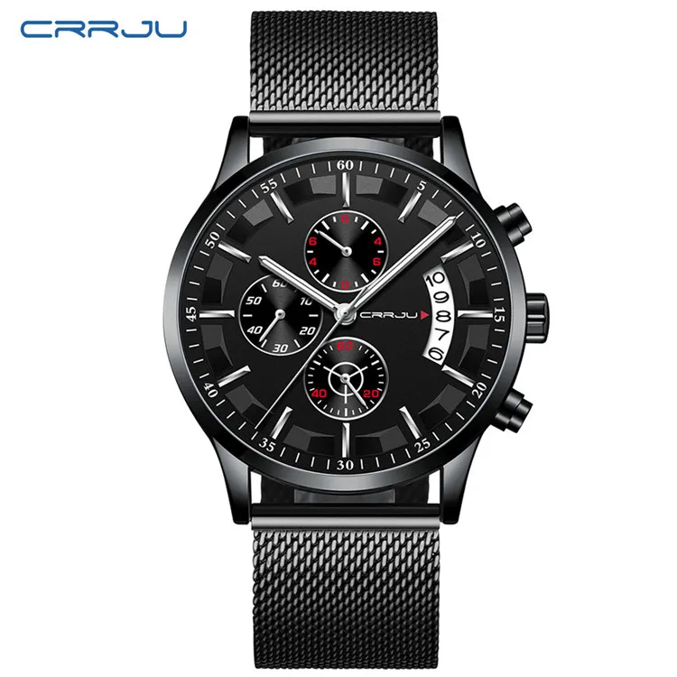 M Black Silver CRRJU Топ люксовый бренд для мужчин бизнес аналоговые кварцевые часы из нержавеющей стали ремешок наручные часы Relogio Masculino часы Horloges Hours - Цвет: M Black Silver