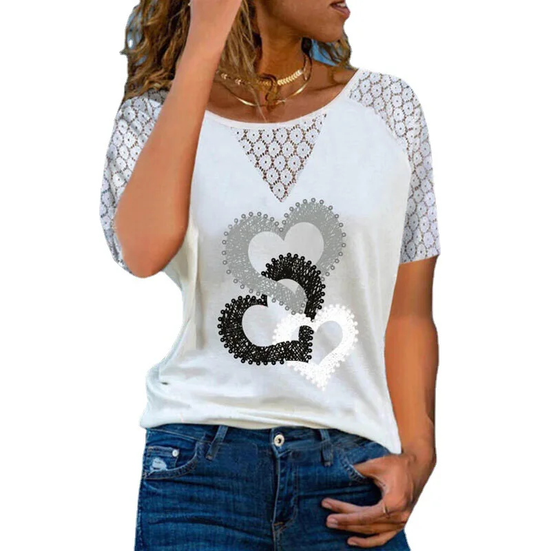 

New Fashion Summer Women's Casual Round Neck Tshirt Lace Hollow Stitching Short Sleeve Shirt Heart Print Top Lady Streewear