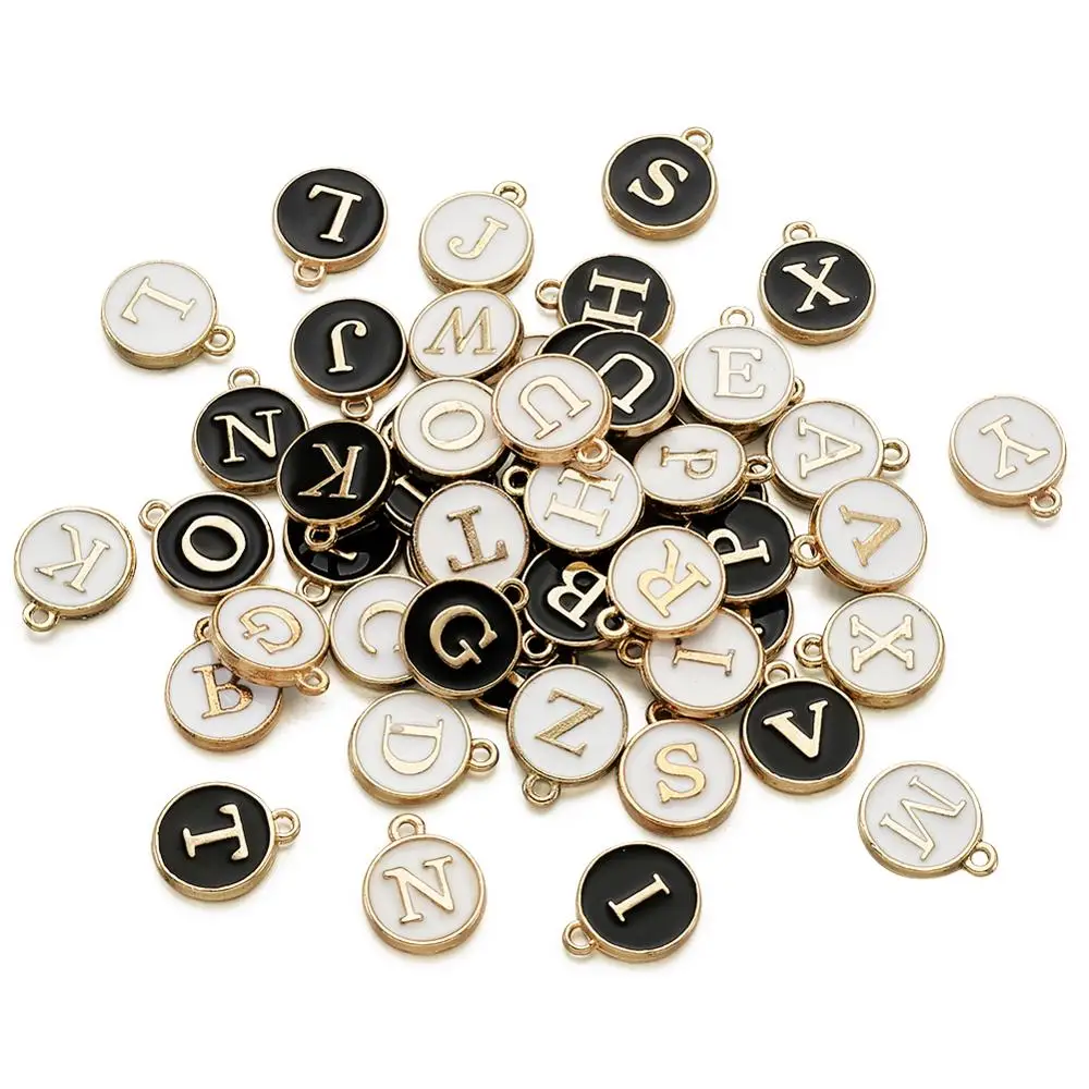 

1Set Black White Double-sided Flat Round Alloy Enamel Charms Alphabet Initial Letter Pendants for DIY Necklace Bracelet Making