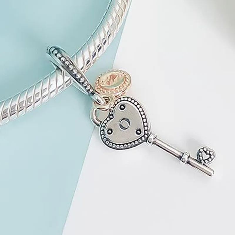 

100% 925 Sterling Silver Charm New Heart Key Pendant Fit Pandora Women Bracelet & Necklace Diy Jewelry