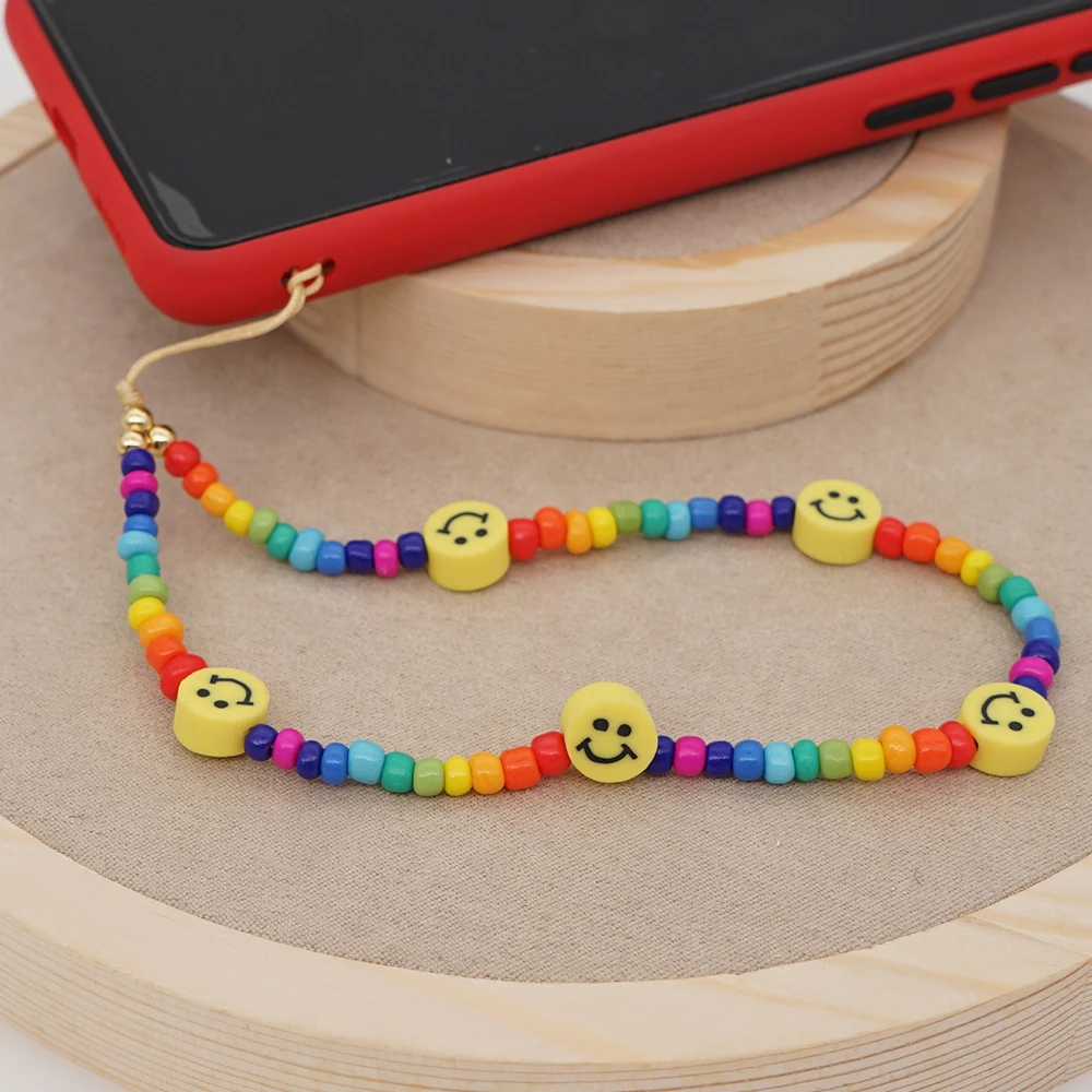 Go2Boho Rainbow Beads Wrist Strap For Phone Chain Mobile Phone Holder String Colorful Lanyard Fashion Smiley Jewelry 2021 Chains