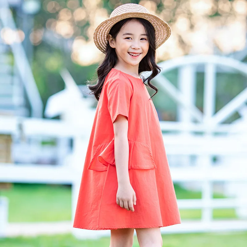 Платья для девочек-подростков свободные хлопковые короткие платья оранжевого