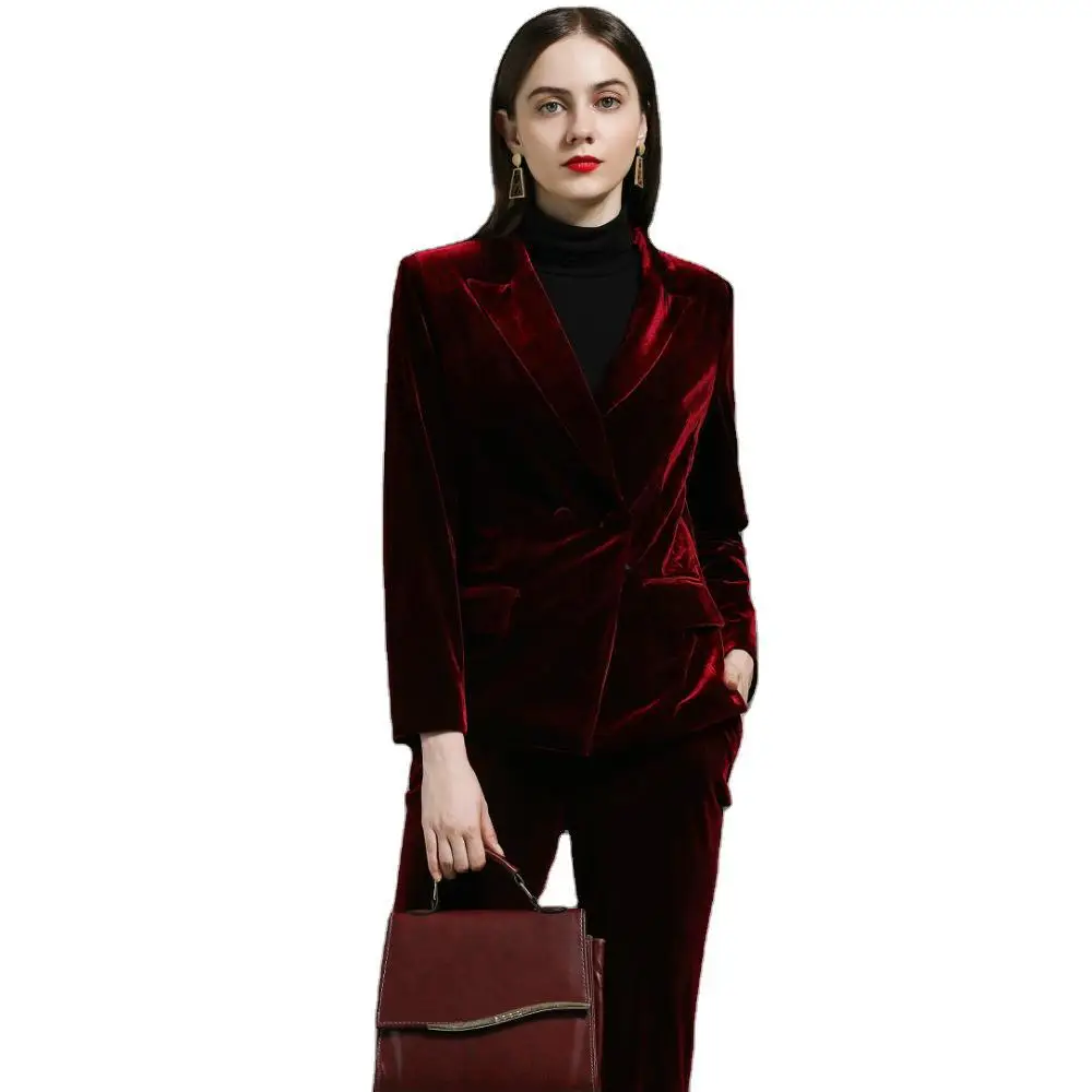 Red velvet jacket and trousers suit 2-piece women's suit jacket and trousers suit Oversized work clothes for professional women