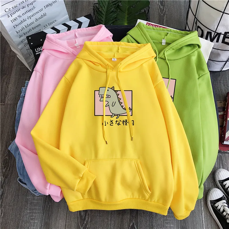 2020 Harajuku Толстовка с капюшоном длинными рукавами и динозавром Kawaii флисовые