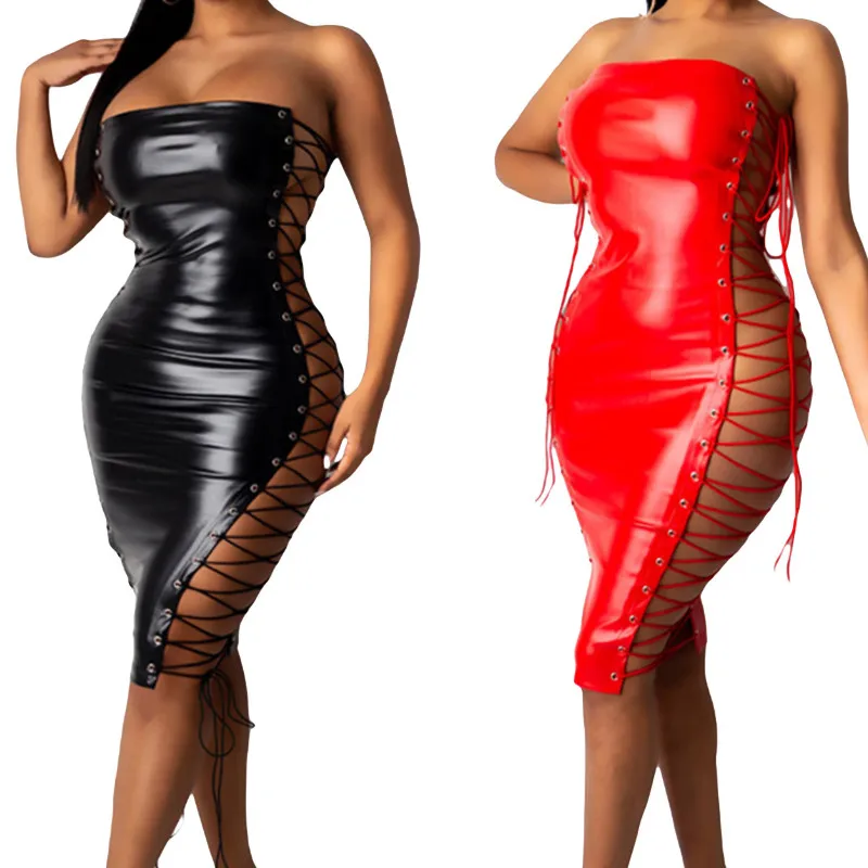 Women's Strapless Midi Dress Summer 2021,Trendy Sleeveless Solid Color Lace Up Bodycon Tube Dress Sexy Club Wear