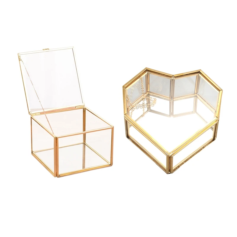 

2 Pcs Geometric Glass Jewelry Box Glass Ring Box Exquisite Unique Wedding Jewelry Box, Square & Flip Love Heart Shaped