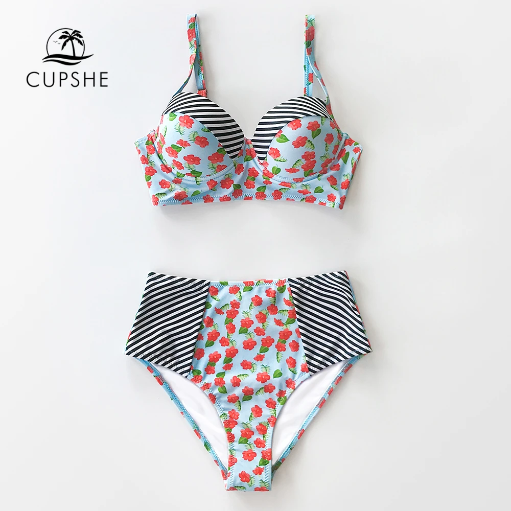 CUPSHE цветочные полосы с высокой талией бикини наборы формованными чашками
