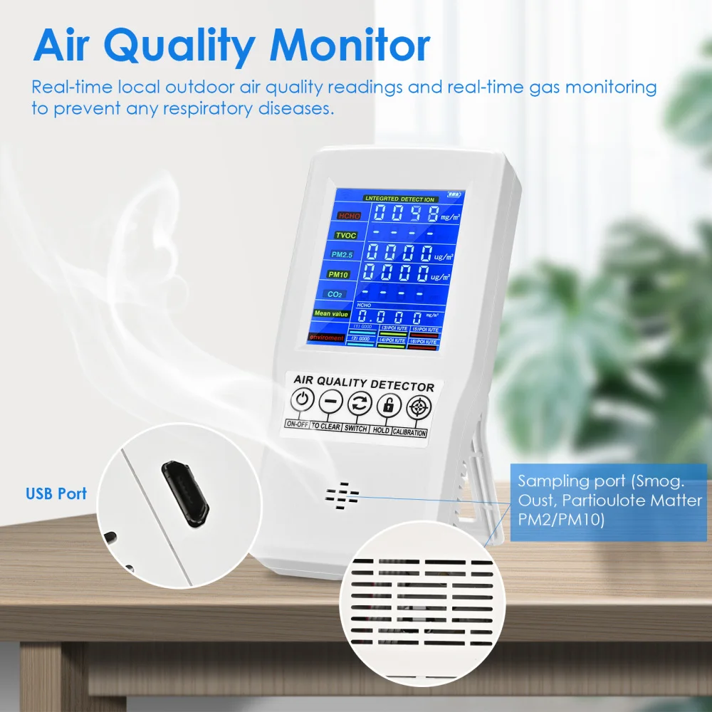 Монитор качества воздуха точный тестер для CO2 формальдегида (HCHO) TVOC PM2.5/PM10