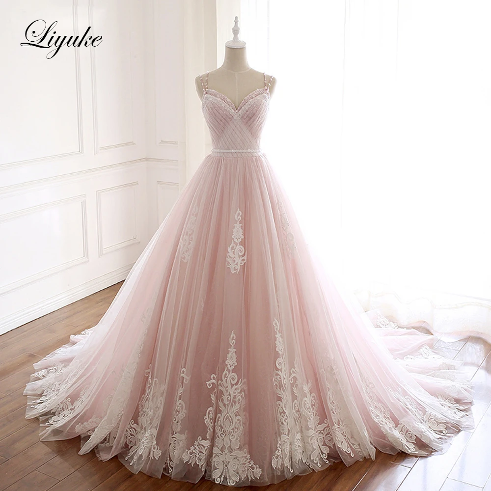 

Liyuke Naked Pink A Line Wedding Dress With Pleated Tulle Gorgeous Lace Bridal Dress Rhinestones