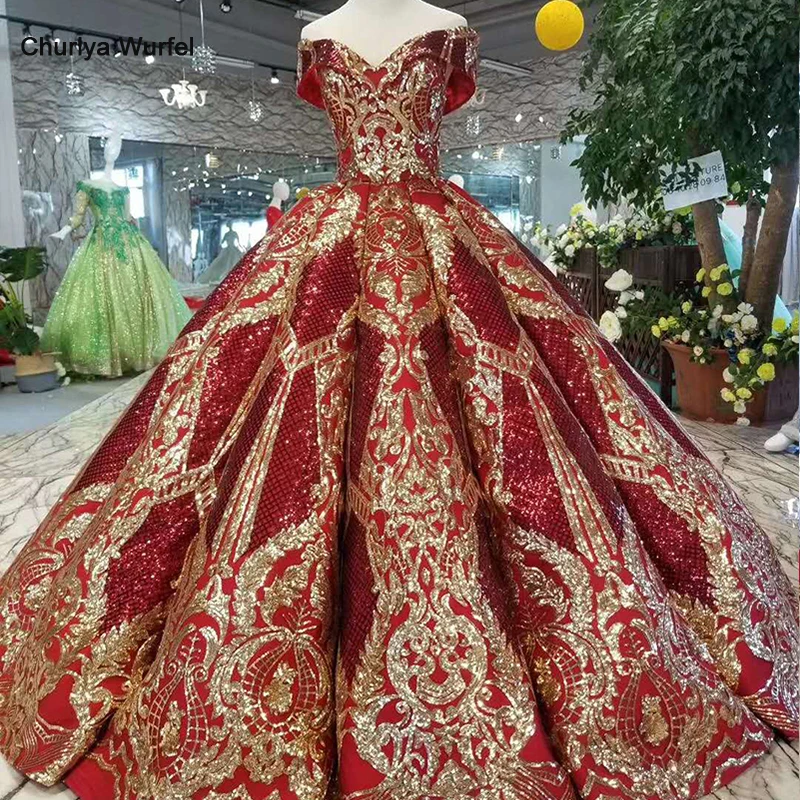 LSS124 роскошное платье в пол, королевское платье для выпускного вечера, Красное Бальное Платье, Золотое кружевное вечернее платье, блестящее платье