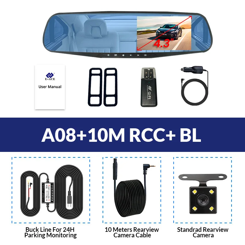A08-10M RCC-BL E-ACE, Автомобильный видеорегистратор, зеркальная камера, FHD 1080 P, видео рекордер, двойной объектив с камерой заднего вида, авто регистратор, автомобильная камера, видеорегистратор - Название цвета: A08-10M RCC-BL