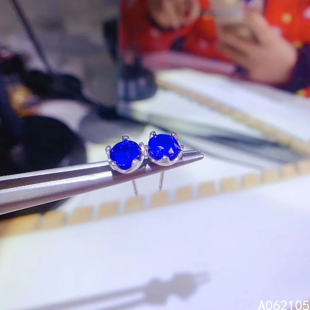 Fine Jewelry 925 Pure Silver Chinese Style Natural Sapphire Girl Fresh Elegant Round Gem Earrings Ear Stud Got Engaged Marry