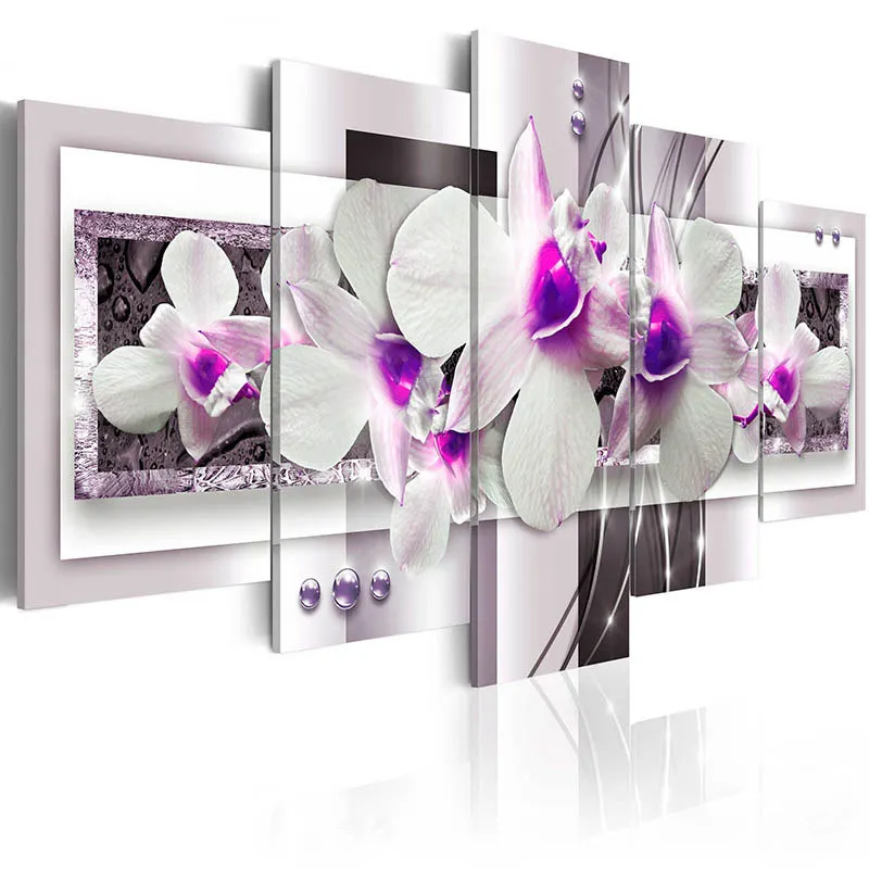 

5 Pieces Modern Wall Art Pink Floral Canvas Painting Orchids Flower Posters Prints Modular Pictures for Living Room Home Decor