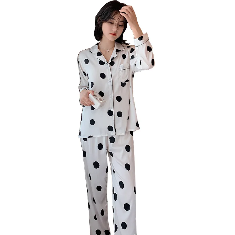 

Women's Pajamas Summer Silk Ice Thin Korean Style Fashion Polka Dot Long Sleeve Two-Piece Suit Spring and Autumn Loose Home Wear
