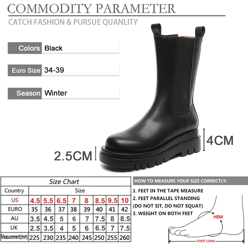 

BYQDY PU Leather Mid-Calf Boots For Woman Long Tube Slip-on Chelsea Booties Autumn Round Toe Ladies Platform Shoes Dropshipping