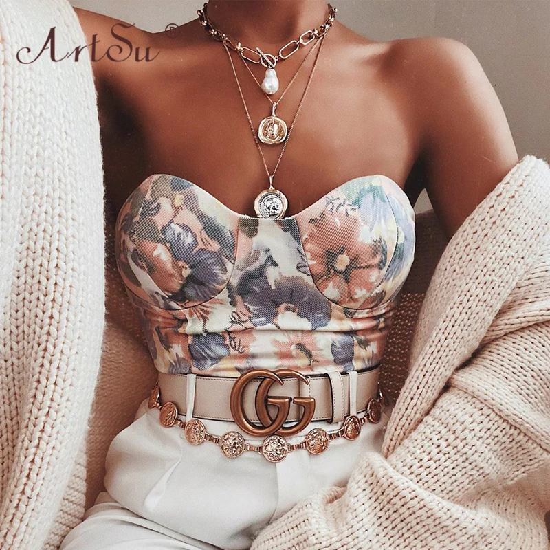 

ArtSu Push Up Padded Crop Top Women Backless Floral Print Sexy Bustier Summer Tops Cropped Strapless Tank Top Elastic Corset