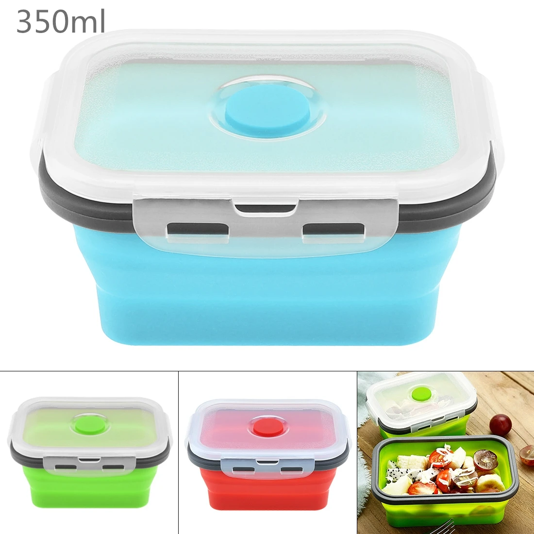 

New 350ML Portable Rectangle Silicone Scalable Folding Lunchbox Bento Box with Silicone Sealing Plug for - 40 ~ 230 Centigrade