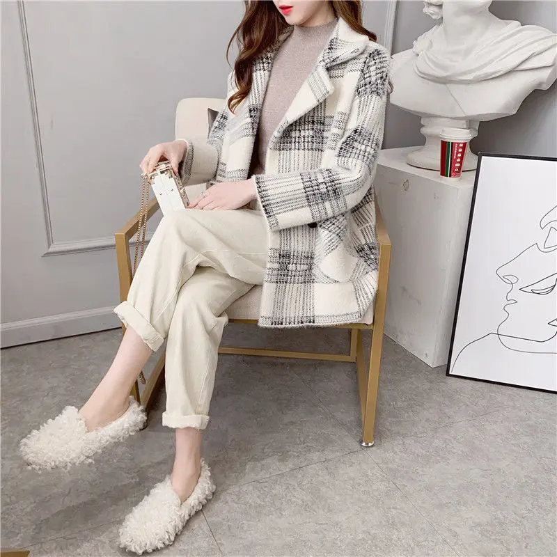 Женский свободный вязаный свитер повседневный плотный теплый кардиган в клетку