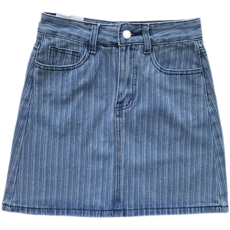 

Summer new style Korean fashion stripe pattern high waist denim a-line skirt