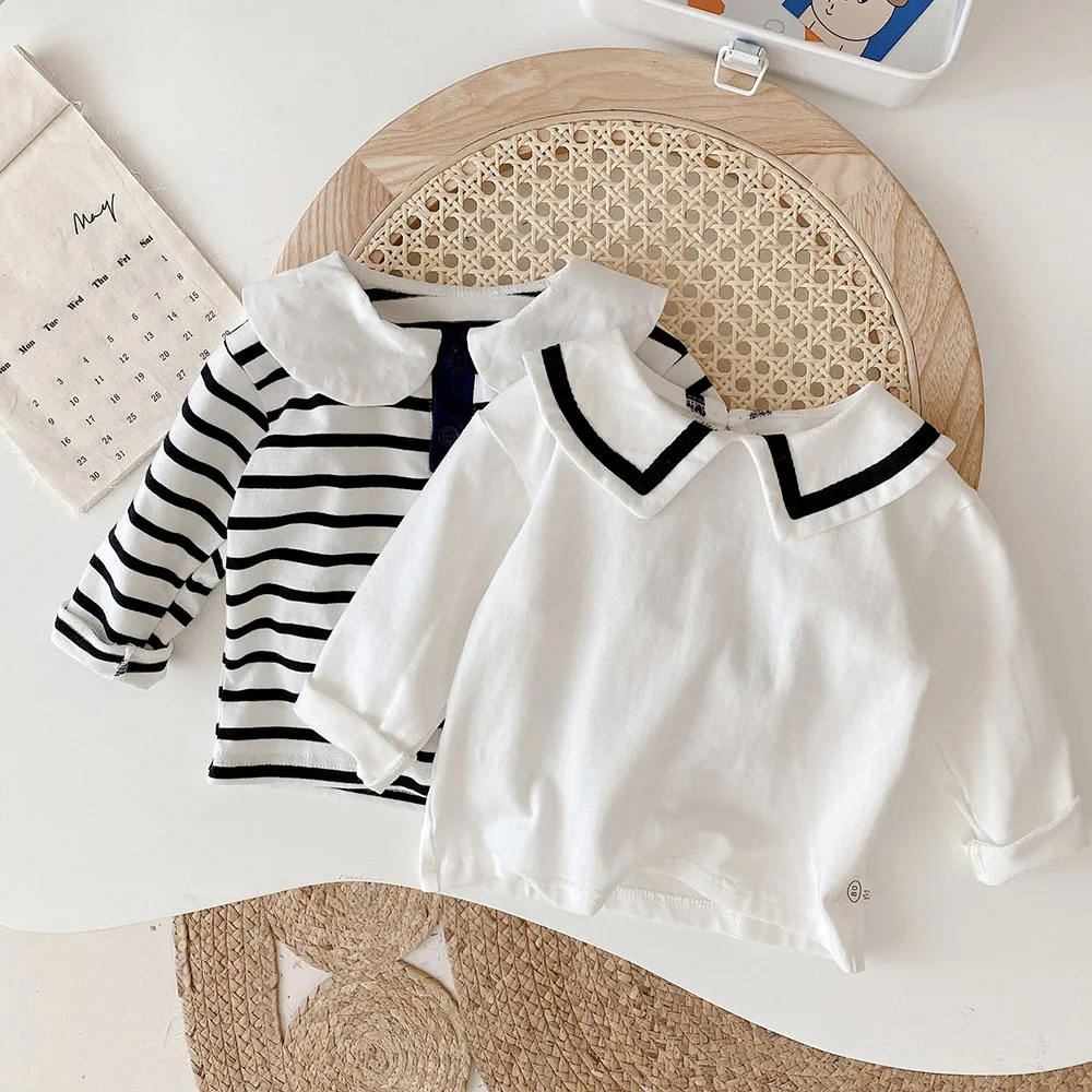 

Halilo Girls White School Blouse Cotton Striped Dot Print Turn-Down Collar Spring Autumn Toddler Long Sleeve Tops Kids Clothes
