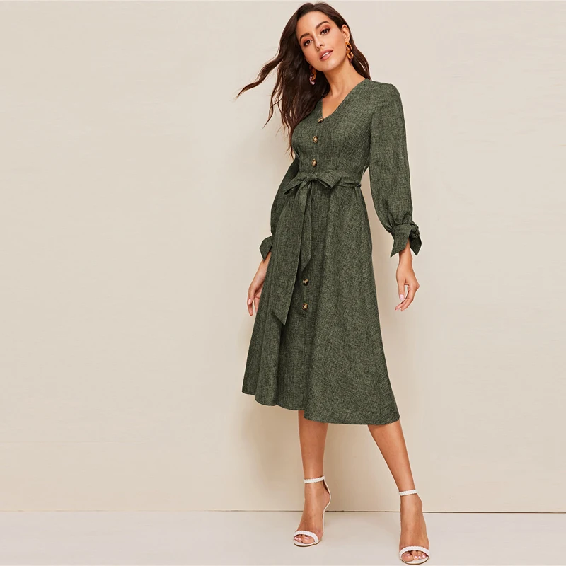 SHEIN летнее платье с v-образным вырезом на пуговицах и манжетах спереди, элегантное платье трапециевидной формы с бантом и высокой талией, коллекция года, весна-осень
